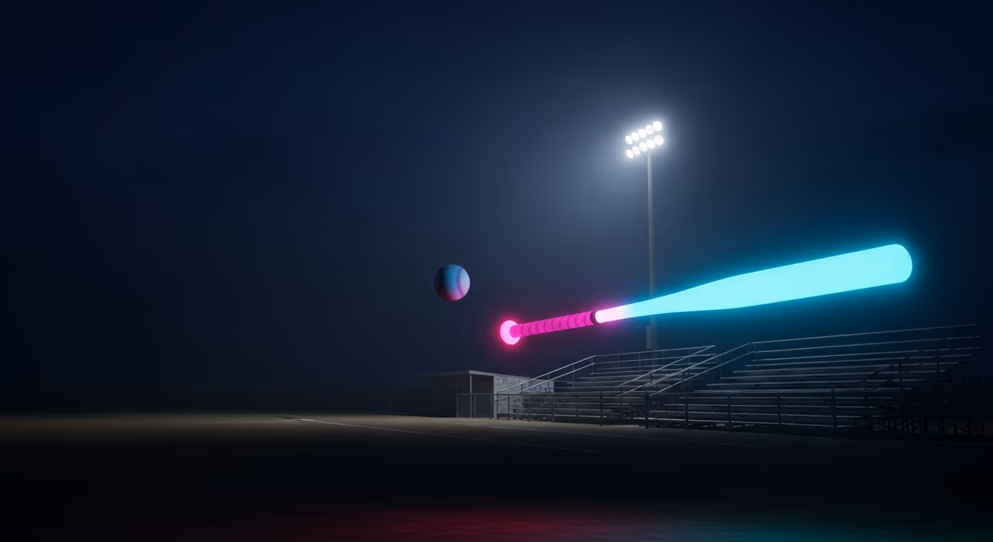 A glowing cyan and magenta baseball bat mid-swing meets a baseball under a floodlight at a night ballpark
